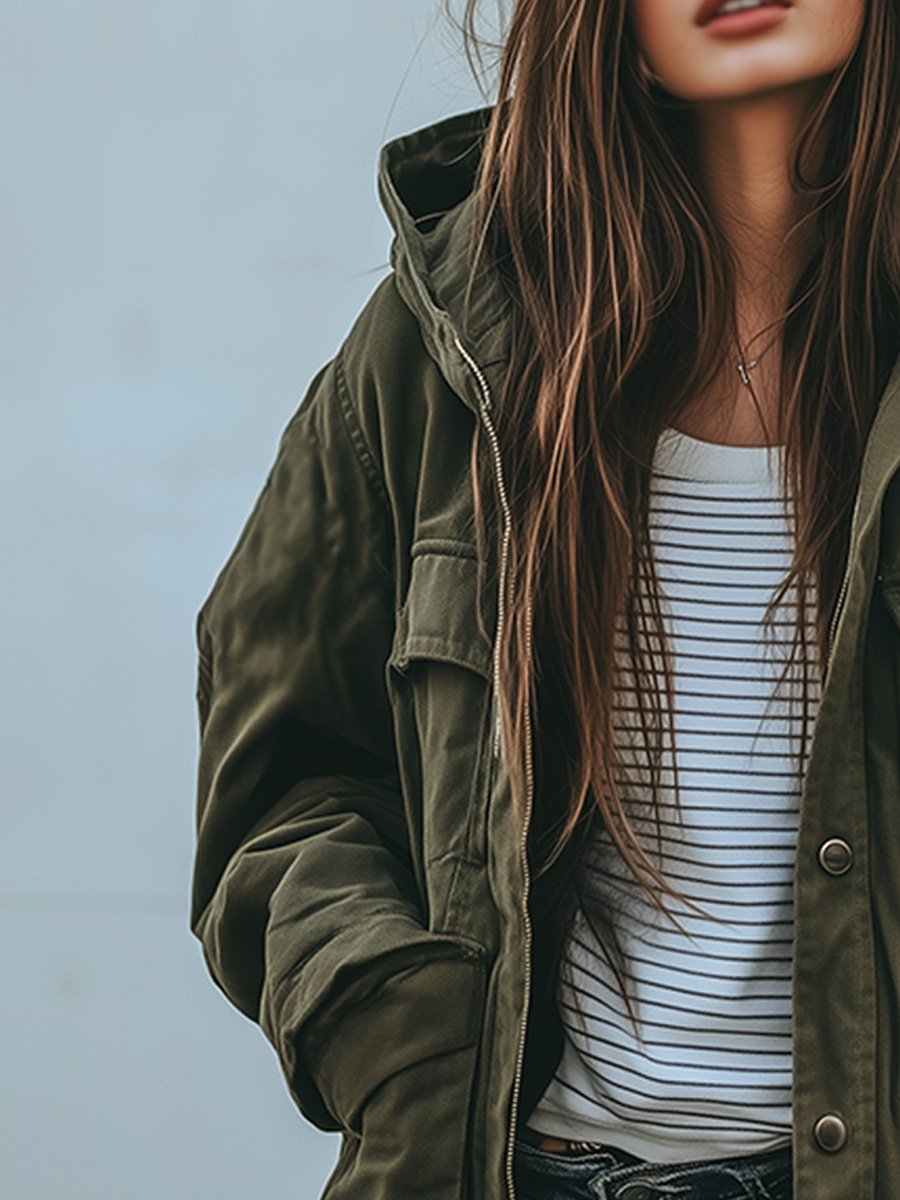 EB | Vintage Winddichte Arbeitsjacke Mit Kapuze Und Mehreren Taschen