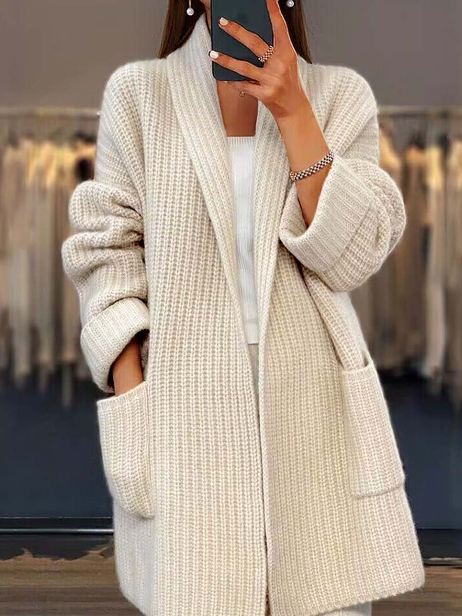 EB | Strickjacke - Einfarbige V-Ausschnitt Taschen Strickjacke, Einfach und Vielseitig