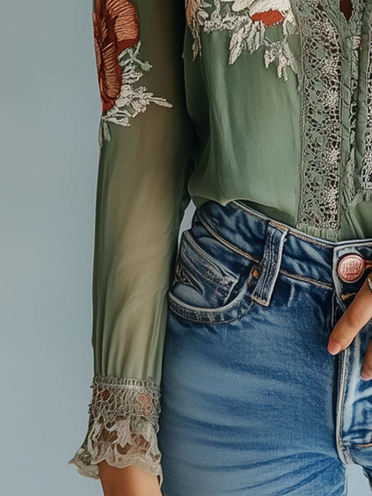 EB | Boho Bluse Mit Spitze Und Blumenmuster