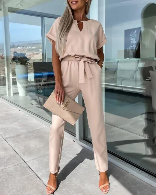 EB - Eleganter V-Ausschnitt Jumpsuit mit Gürtel für Damen