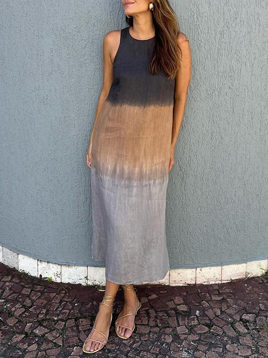 EB | Luftiges Leinenkleid Aus Baumwolle mit Farbverlauf und Schlitz Am Bein