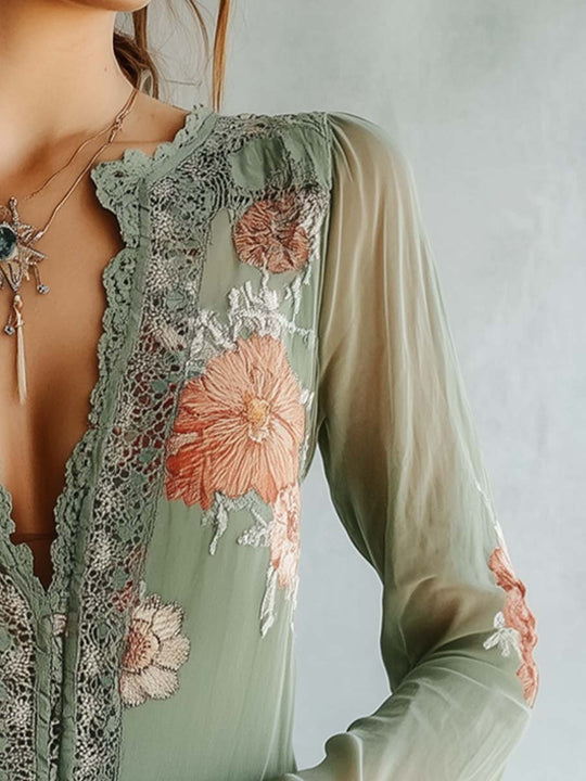 EB | Boho Bluse Mit Spitze Und Blumenmuster