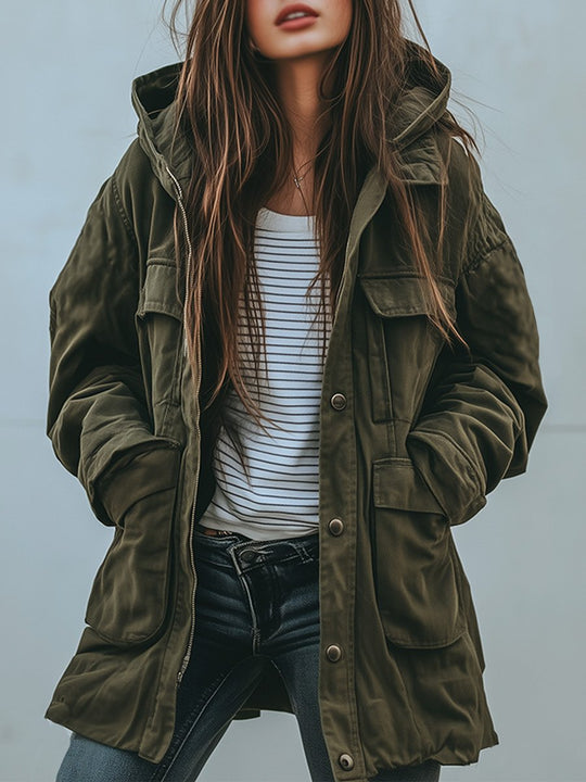 EB | Vintage Winddichte Arbeitsjacke Mit Kapuze Und Mehreren Taschen