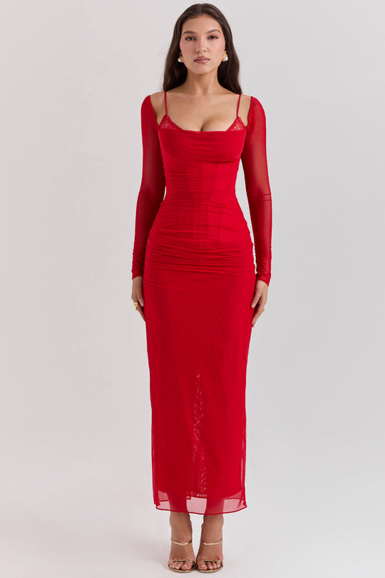 EB | Elegantes Maxikleid mit tiefem Ausschnitt und langen Ärmeln
