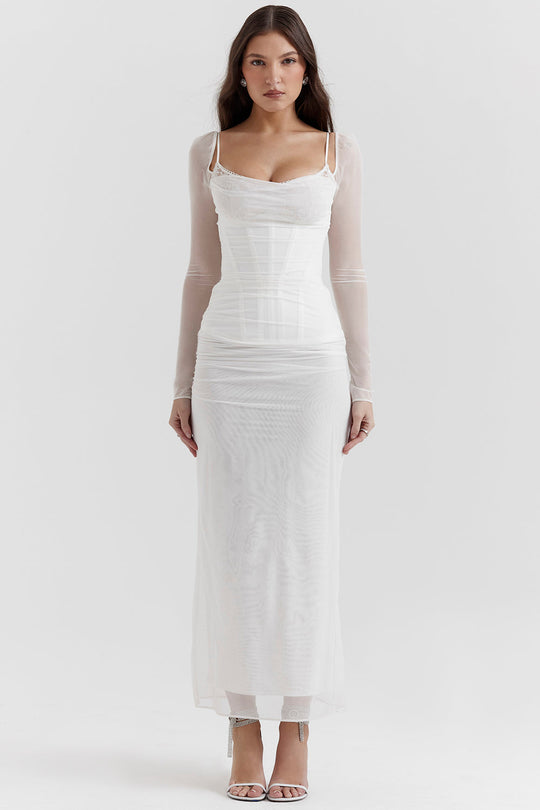 EB | Elegantes Maxikleid mit tiefem Ausschnitt und langen Ärmeln