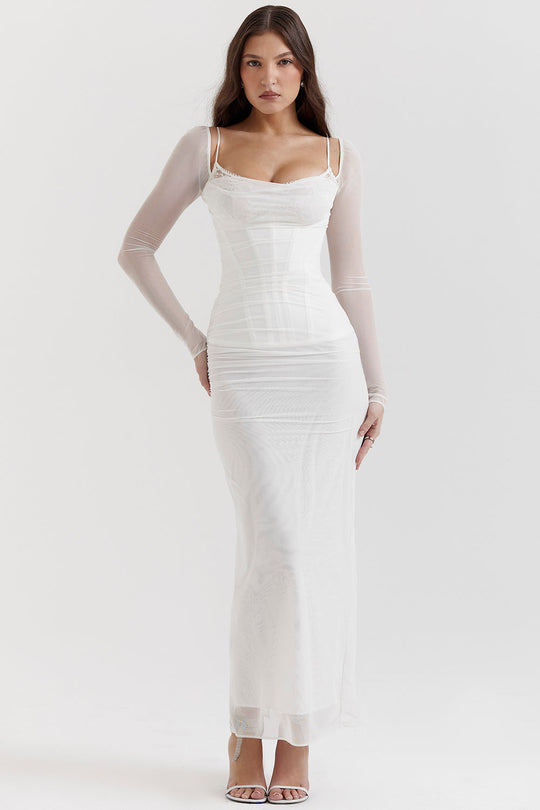 EB | Elegantes Maxikleid mit tiefem Ausschnitt und langen Ärmeln