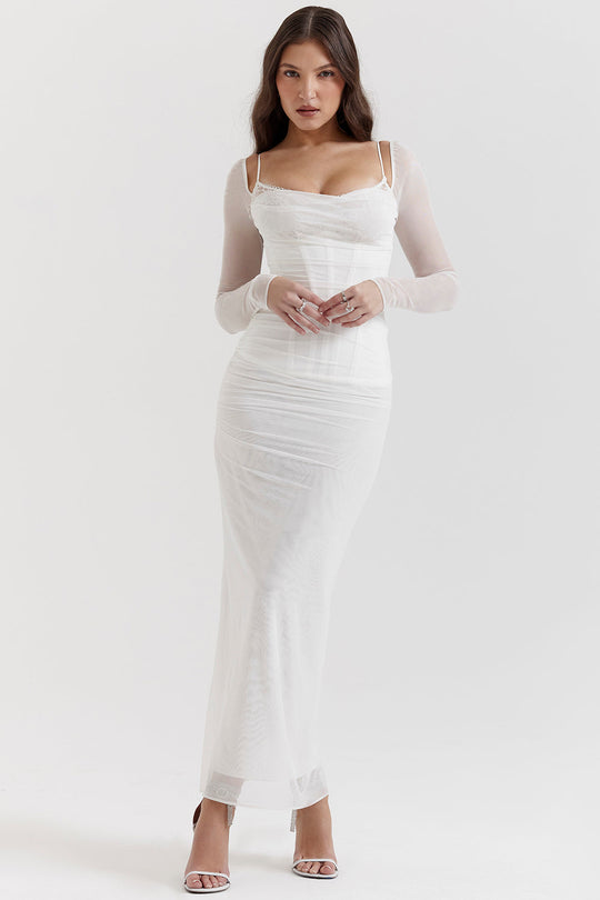EB | Elegantes Maxikleid mit tiefem Ausschnitt und langen Ärmeln