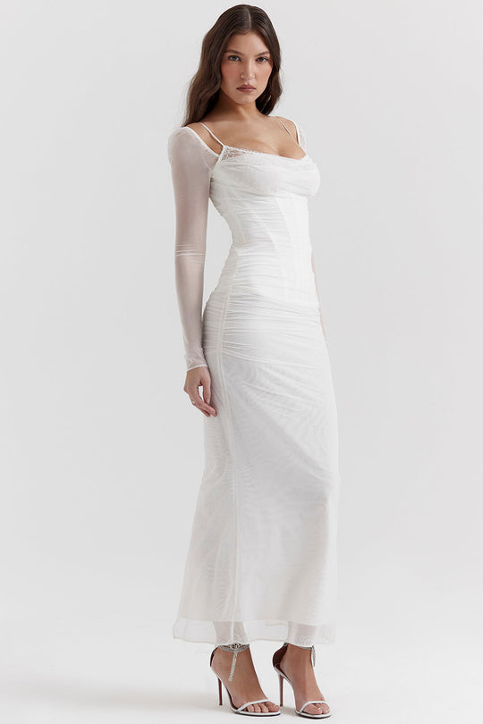 EB | Elegantes Maxikleid mit tiefem Ausschnitt und langen Ärmeln