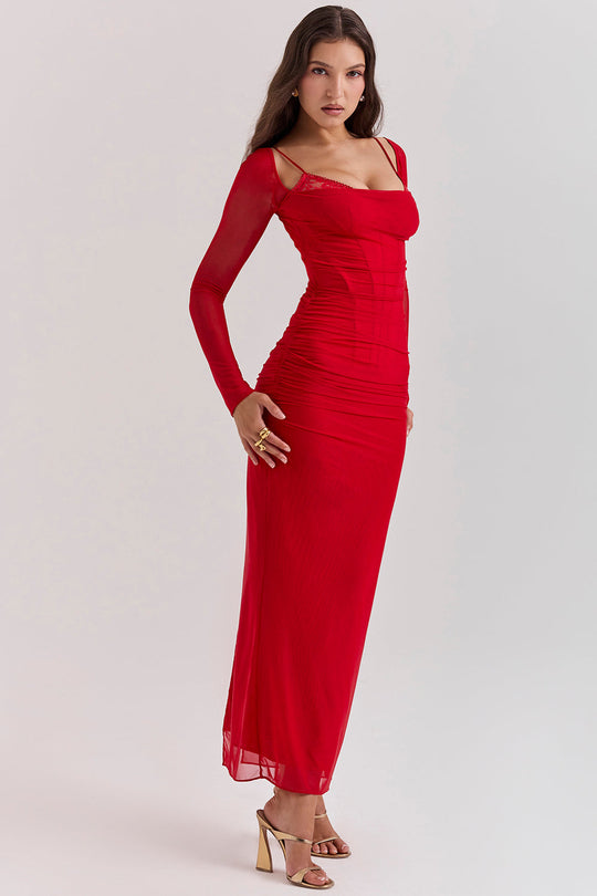 EB | Elegantes Maxikleid mit tiefem Ausschnitt und langen Ärmeln