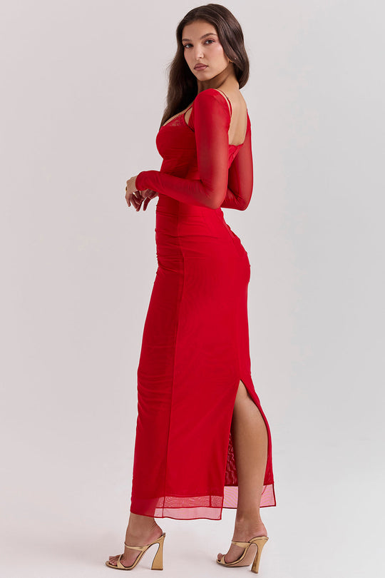 EB | Elegantes Maxikleid mit tiefem Ausschnitt und langen Ärmeln