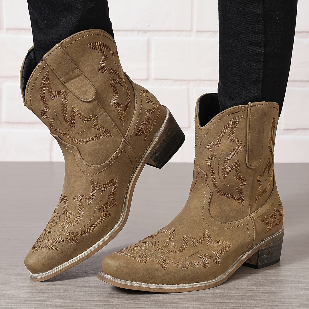 EB | Westernstiefel Besticktes Leder Spitz Zulaufend Knöchelhoch Blockabsatz