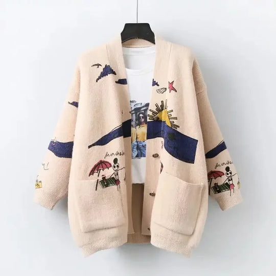 EB | Strickjacke mit Verspieltem Druck und Knopfverschluss