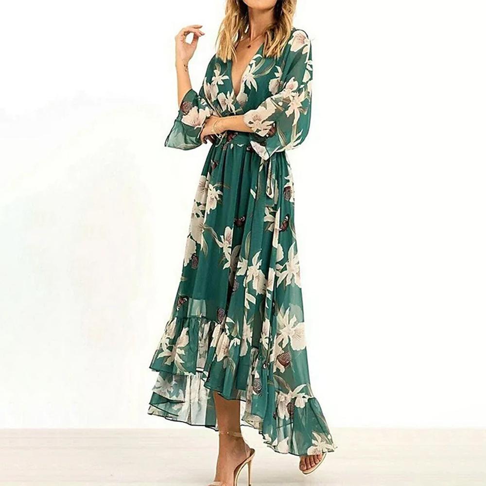 EB | Damen Maxikleid Fließendes V-Ausschnitt
