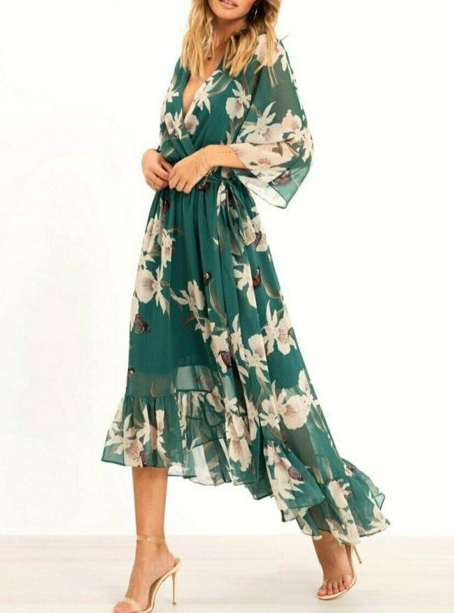 EB | Damen Maxikleid Fließendes V-Ausschnitt