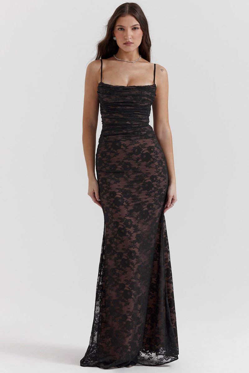 EB | Schulter Auf Blumenmuster Spitze Maxikleid
