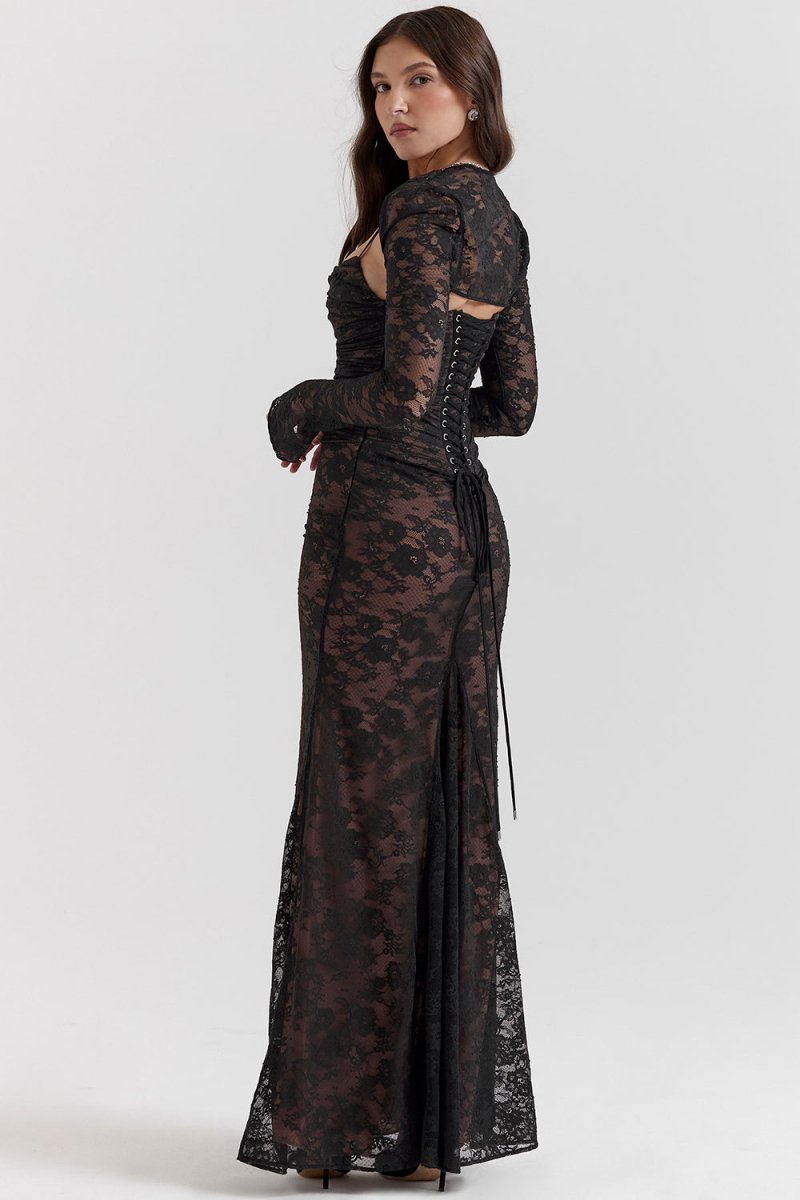 EB | Schulter Auf Blumenmuster Spitze Maxikleid