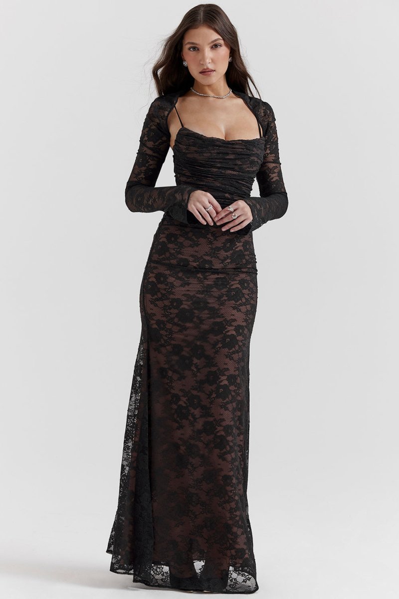 EB | Schulter Auf Blumenmuster Spitze Maxikleid