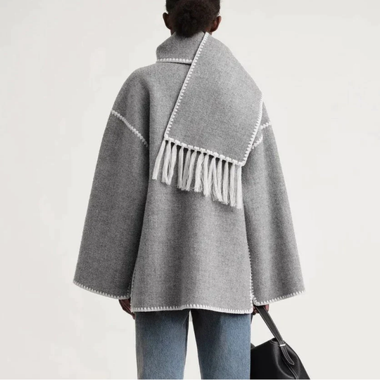 EB | Wollmantel - Oversized Fit - Schal-Kragen mit Fransen - Dekorative Nähte - Knopfverschluss
