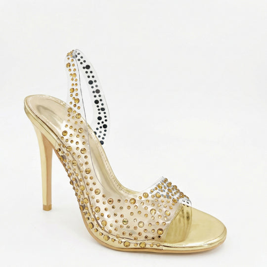 Damen Glamouröse High Heel Sandalen mit funkelndem Strassbesatz EB