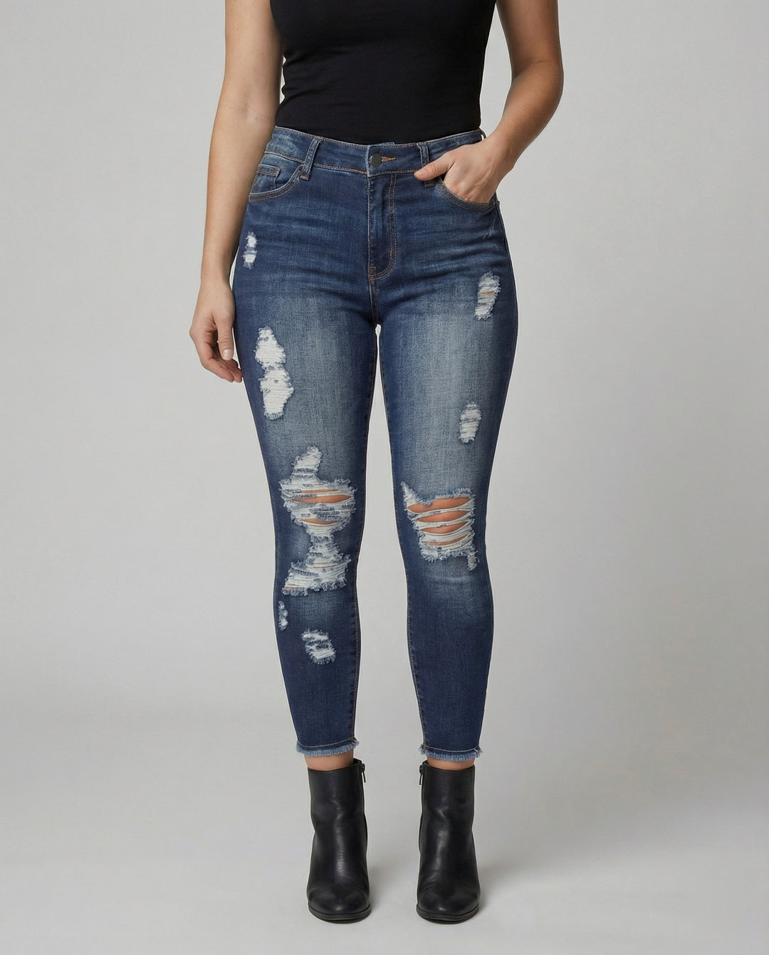 Damen figurbetonte Jeans im lässigen Destroyed-Look mit hohem Bund EB