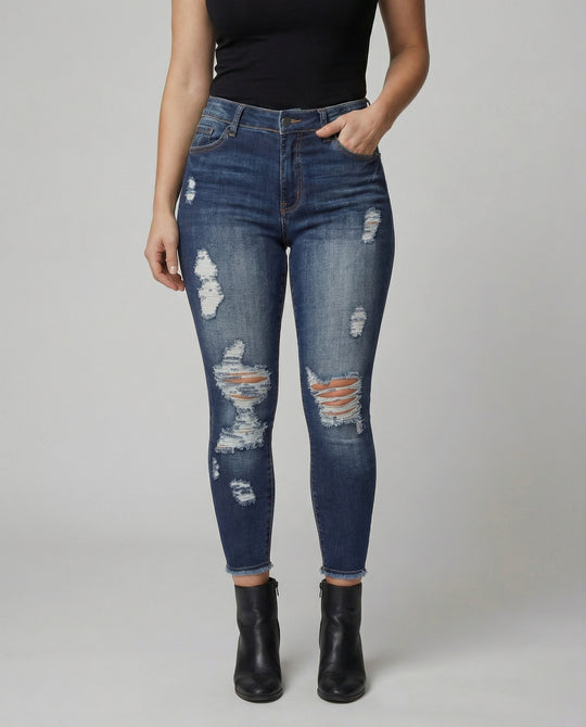 Damen figurbetonte Jeans im lässigen Destroyed-Look mit hohem Bund EB
