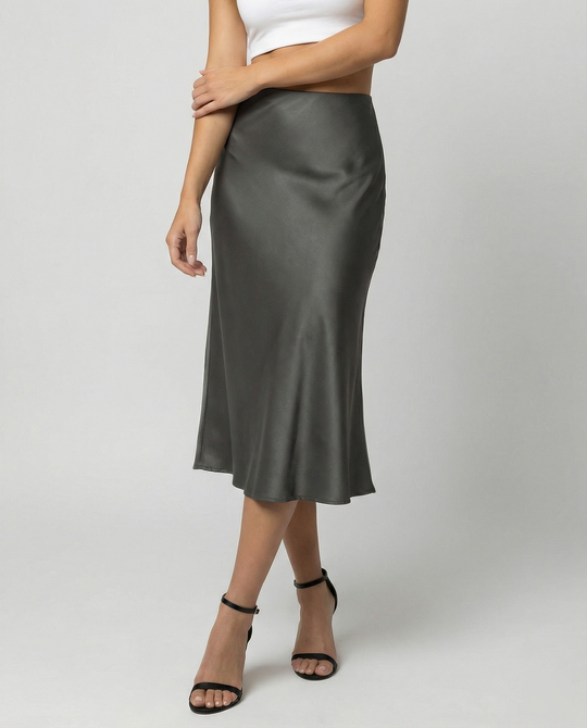 Damen eleganter Satin-Midirock mit fließendem Schnitt und hohem Bund EB