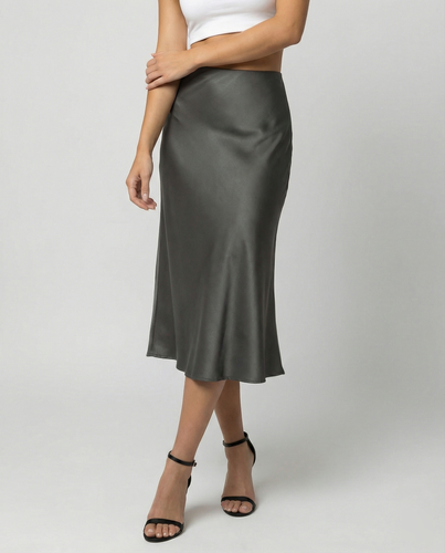 Damen eleganter Satin-Midirock mit fließendem Schnitt und hohem Bund EB