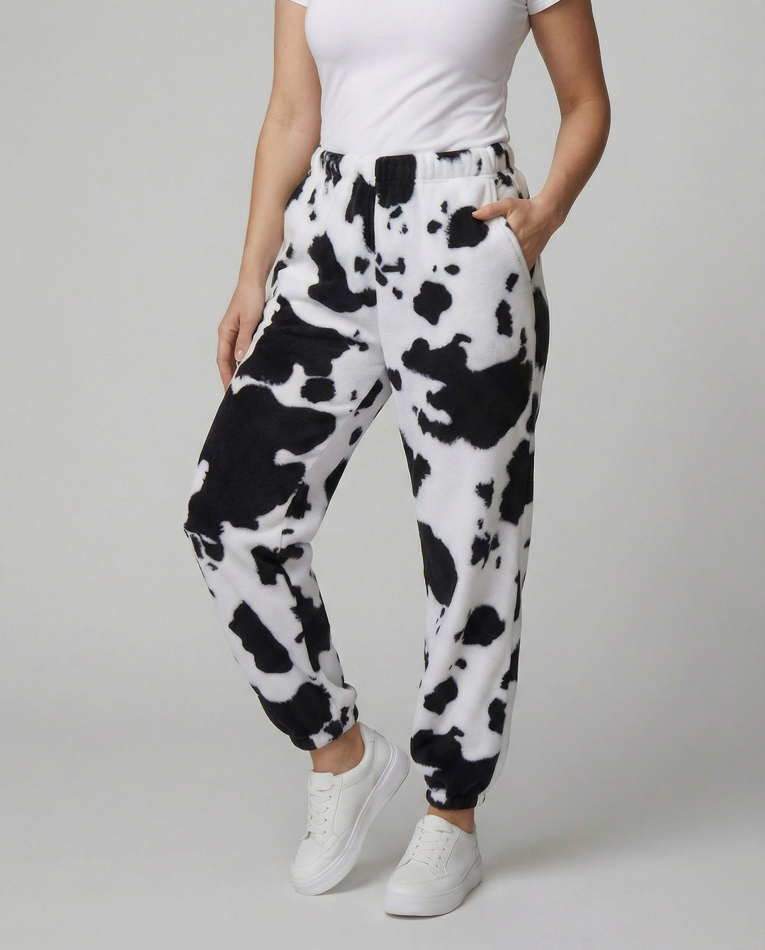 Damen Freizeithose im lässigen Cow-Print-Design mit elastischem Bund und Bündchen EB