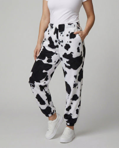 Damen Freizeithose im lässigen Cow-Print-Design mit elastischem Bund und Bündchen EB