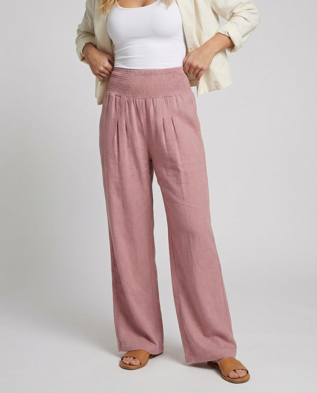 Damen Luftige Leinenhose mit elastischem Bund und Weitschnitt EB