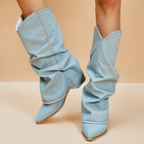 Denim-Stiefel für Frauen mit Blockabsätzen EB