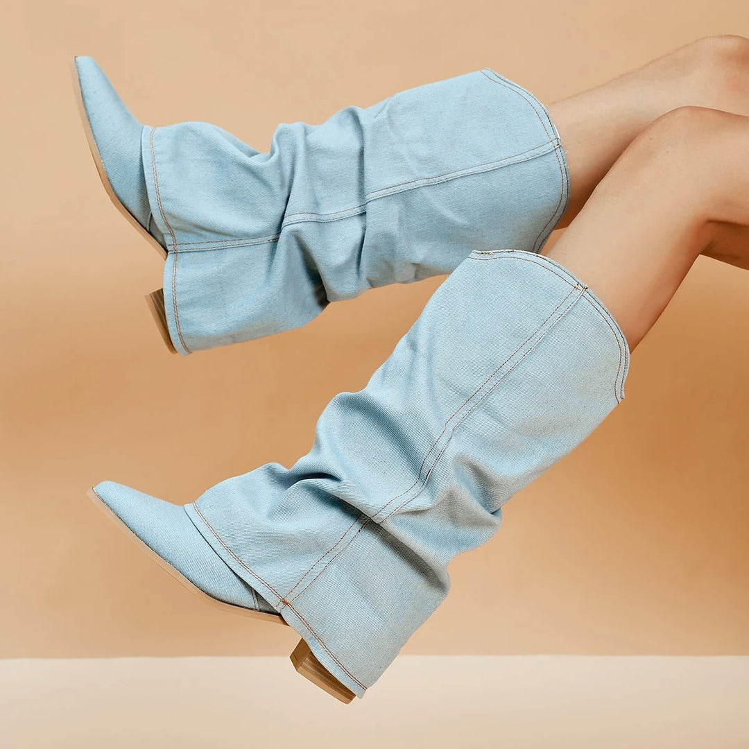 Denim-Stiefel für Frauen mit Blockabsätzen EB