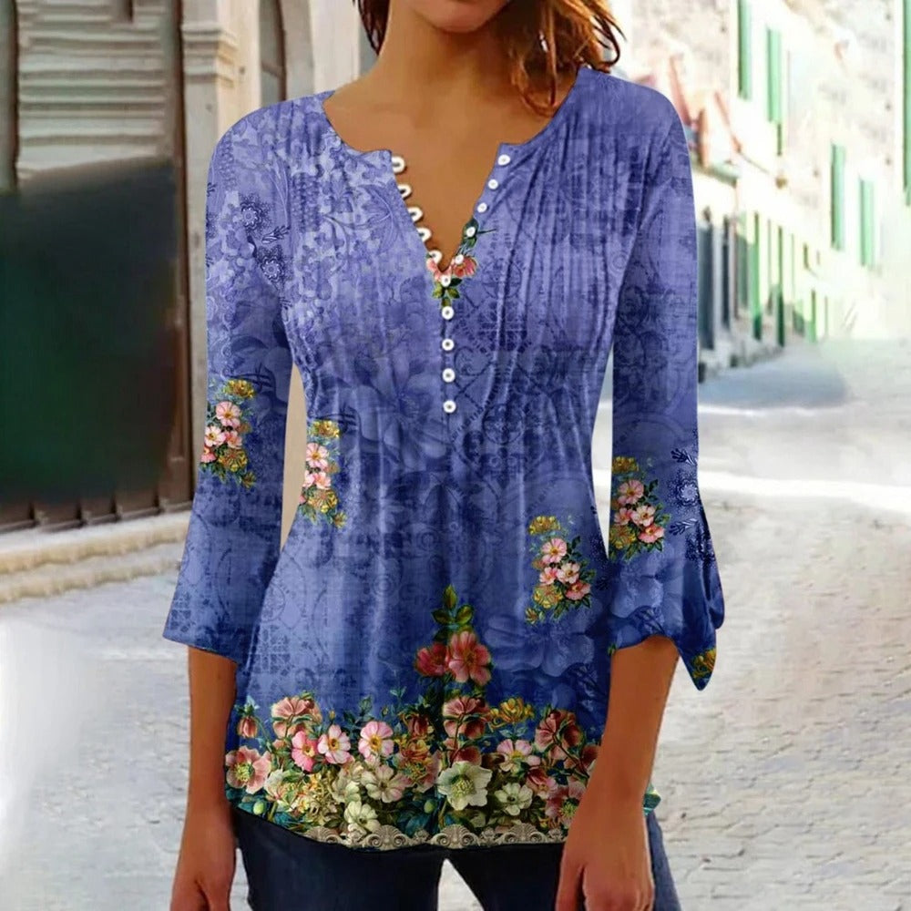 EB | Damen V-Ausschnitt T-Shirt mit Knopfverschluss
