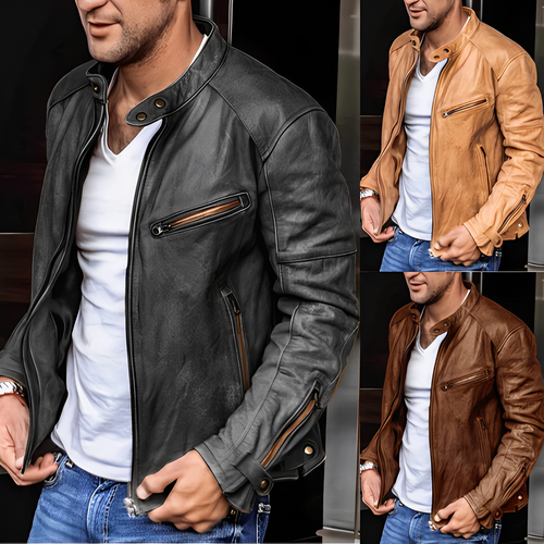 EB | Herren Vintage Stehkragen PU Lederjacke