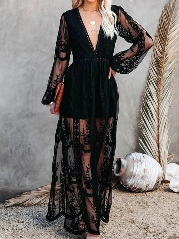 EB | Elegantes und Fließendes Boho Spitzen-Maxikleid für Damen