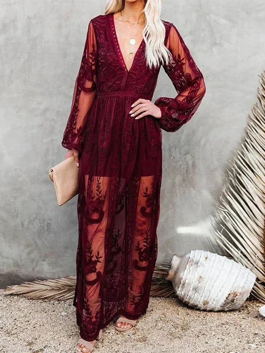 EB | Elegantes und Fließendes Boho Spitzen-Maxikleid für Damen