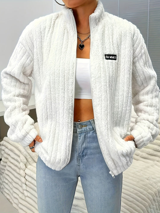 EB | Reißverschluss Teddyjacke mit Rippungen und Langen Ärmeln