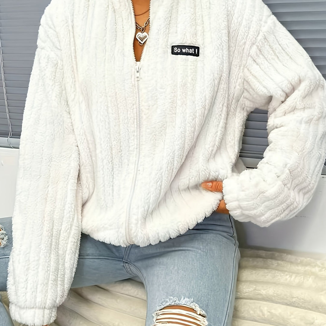 EB | Reißverschluss Teddyjacke mit Rippungen und Langen Ärmeln