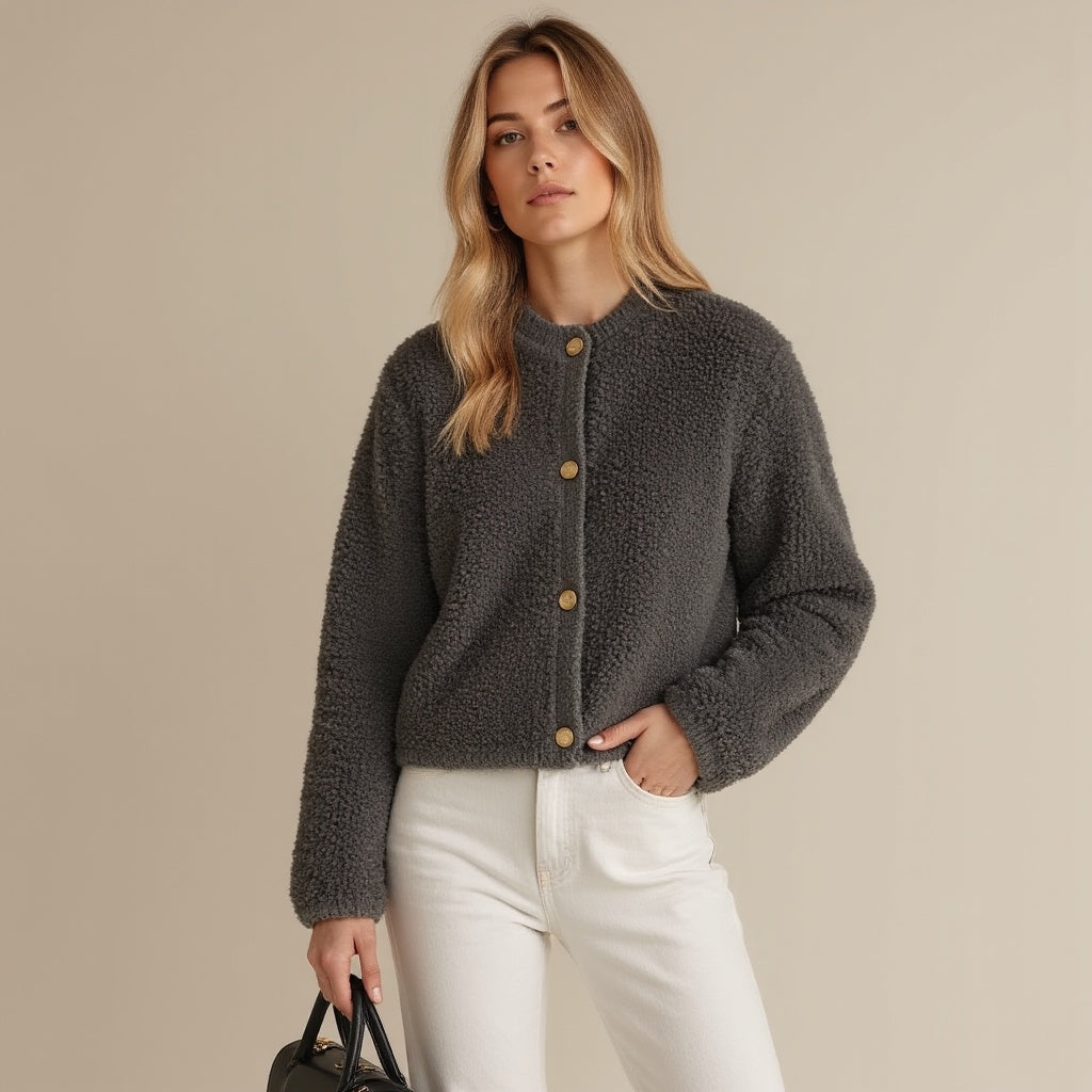 EB | Cardigan - Damen Herbst Flauschiger Strickcardigan mit Dekorativen Knöpfen