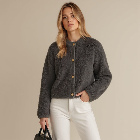 EB | Cardigan - Damen Herbst Flauschiger Strickcardigan mit Dekorativen Knöpfen