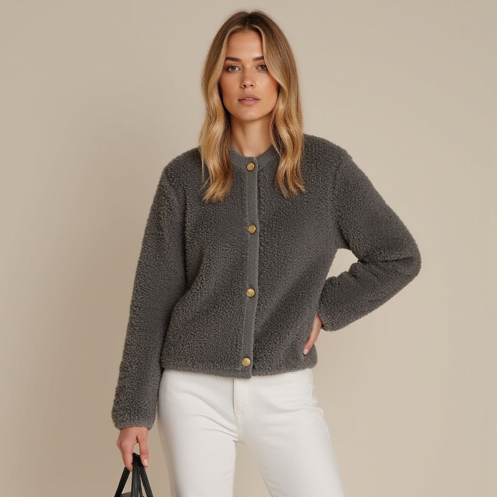 EB | Cardigan - Damen Herbst Flauschiger Strickcardigan mit Dekorativen Knöpfen