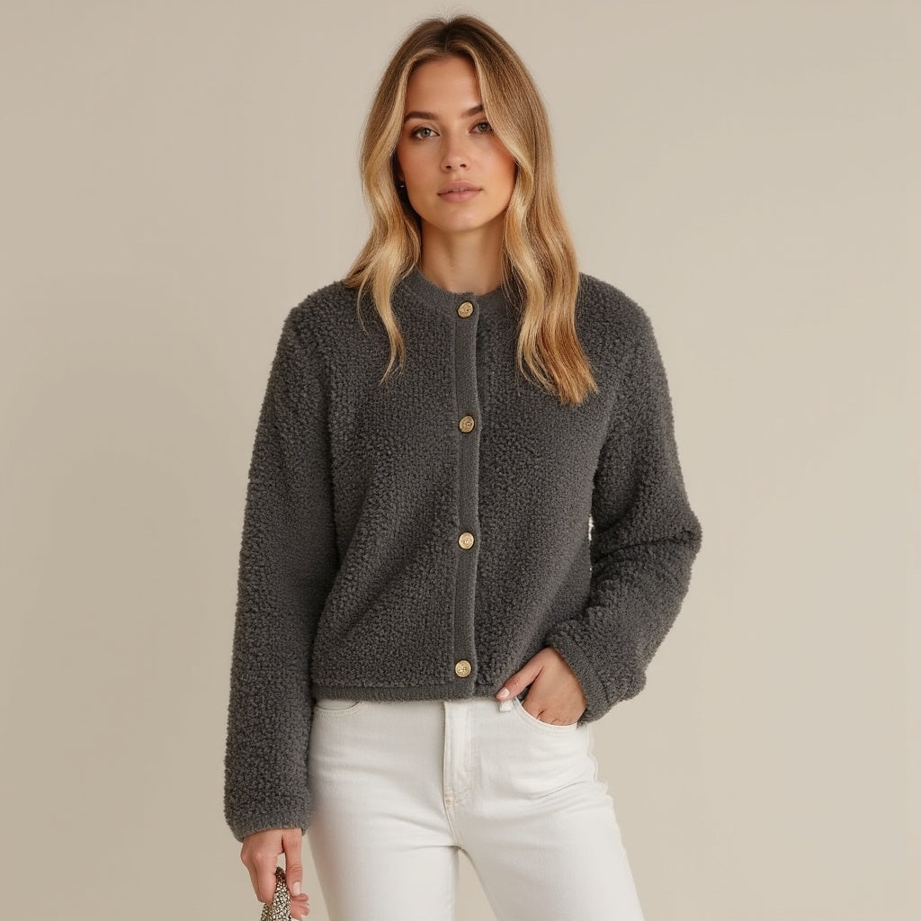 EB | Cardigan - Damen Herbst Flauschiger Strickcardigan mit Dekorativen Knöpfen