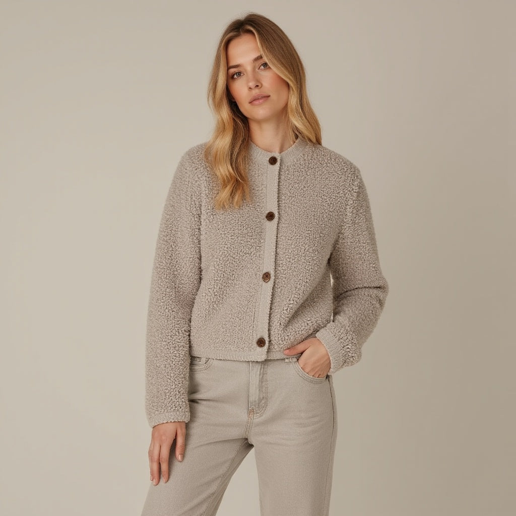 EB | Cardigan - Damen Herbst Flauschiger Strickcardigan mit Dekorativen Knöpfen