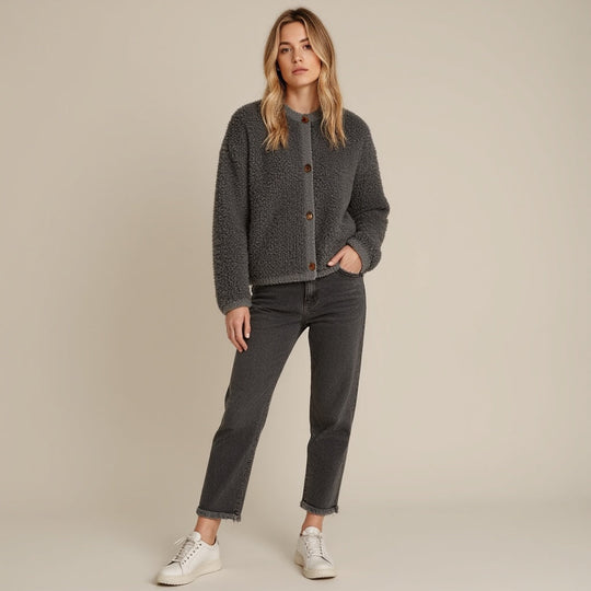 EB | Cardigan - Damen Herbst Flauschiger Strickcardigan mit Dekorativen Knöpfen