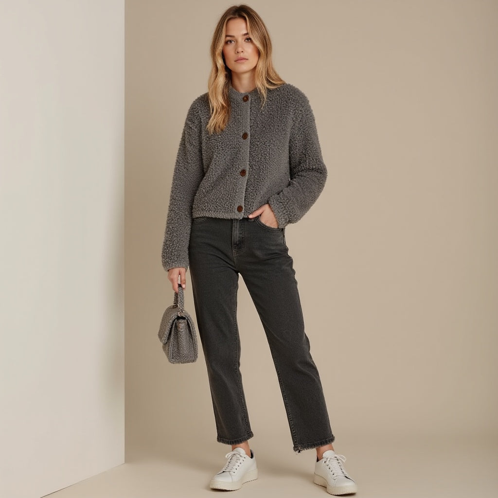 EB | Cardigan - Damen Herbst Flauschiger Strickcardigan mit Dekorativen Knöpfen