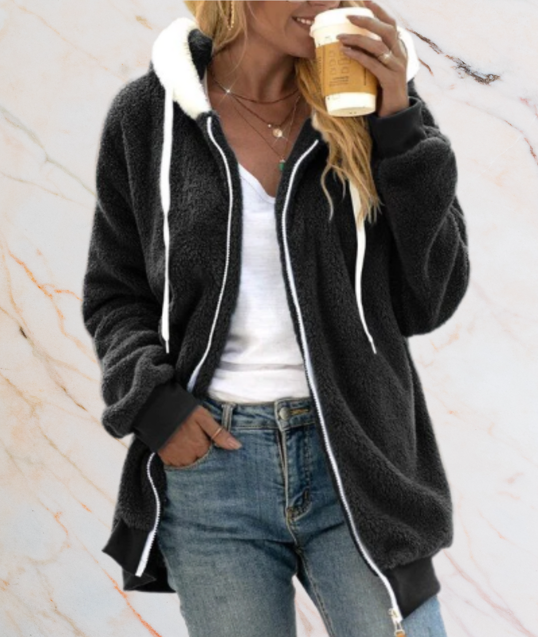 EB | Übergrösse Lang Kunst Jacke mit Reißverschluss