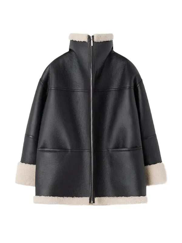 EB | Übergröße Kunstleder Shearling Jacke in Schwarz