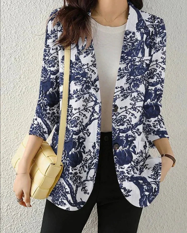 EB | Blazer Taillierte Passform Florales Muster Leichter Baumwollmix 3/4 Ärmel