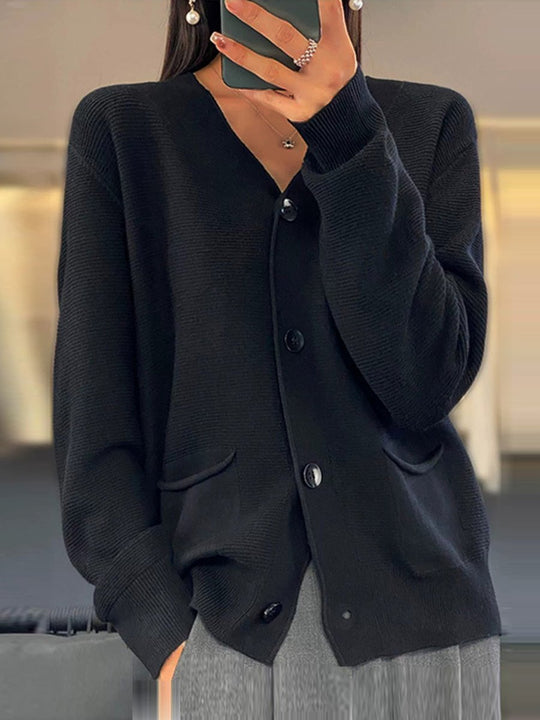 EB | Cardigan - Taschen Einfarbiger V-Ausschnitt Strick-Cardigan, Einfach und Vielseitig