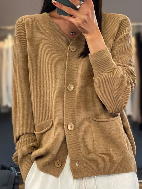 EB | Cardigan - Taschen Einfarbiger V-Ausschnitt Strick-Cardigan, Einfach und Vielseitig